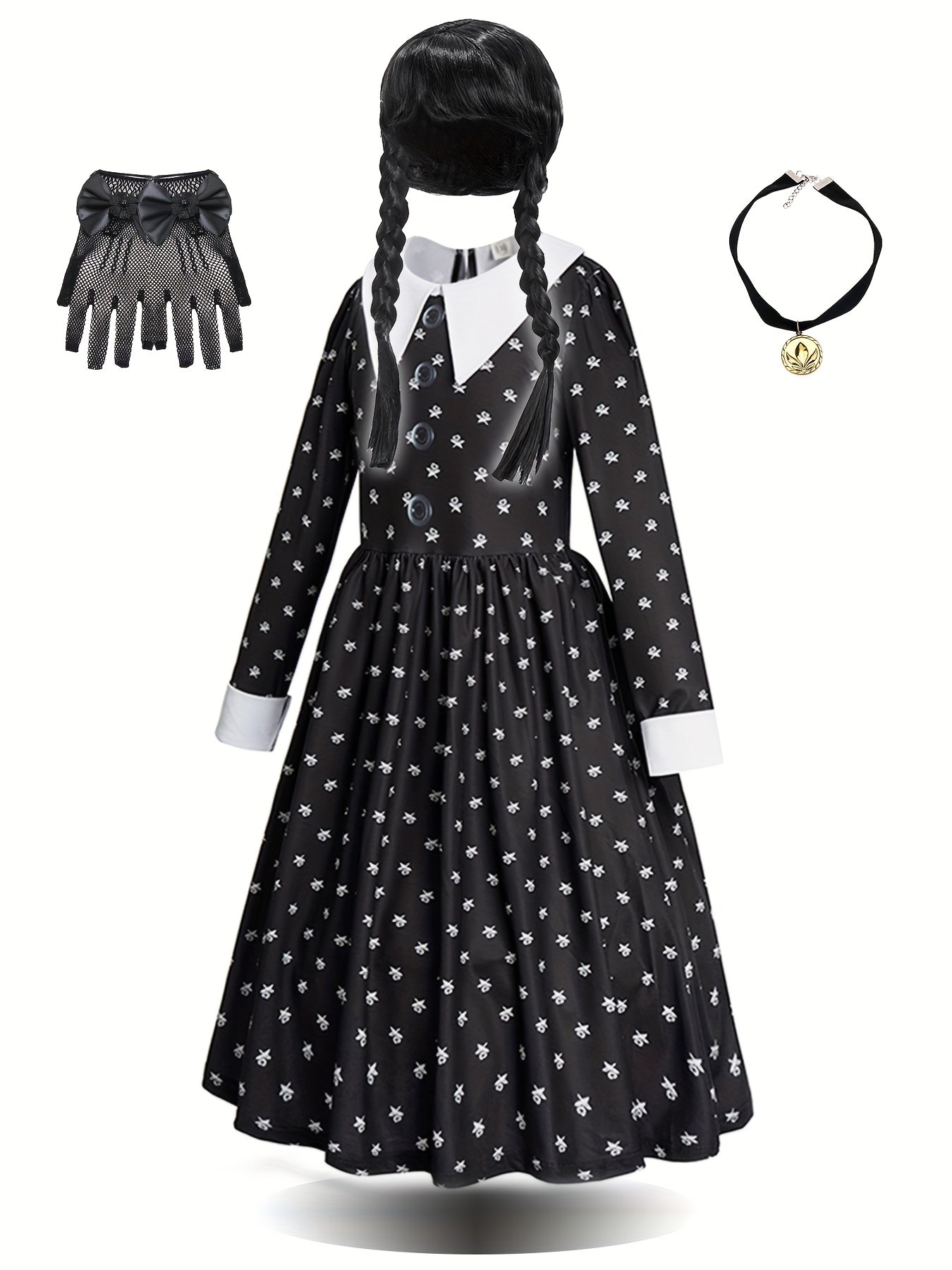 Wednesday Addams Kostüm für Mädchen 3-teilig – Hexenkleid mit Perücke, Halskette & Handschuhen – Halloween Outfit 4–14 Jahre