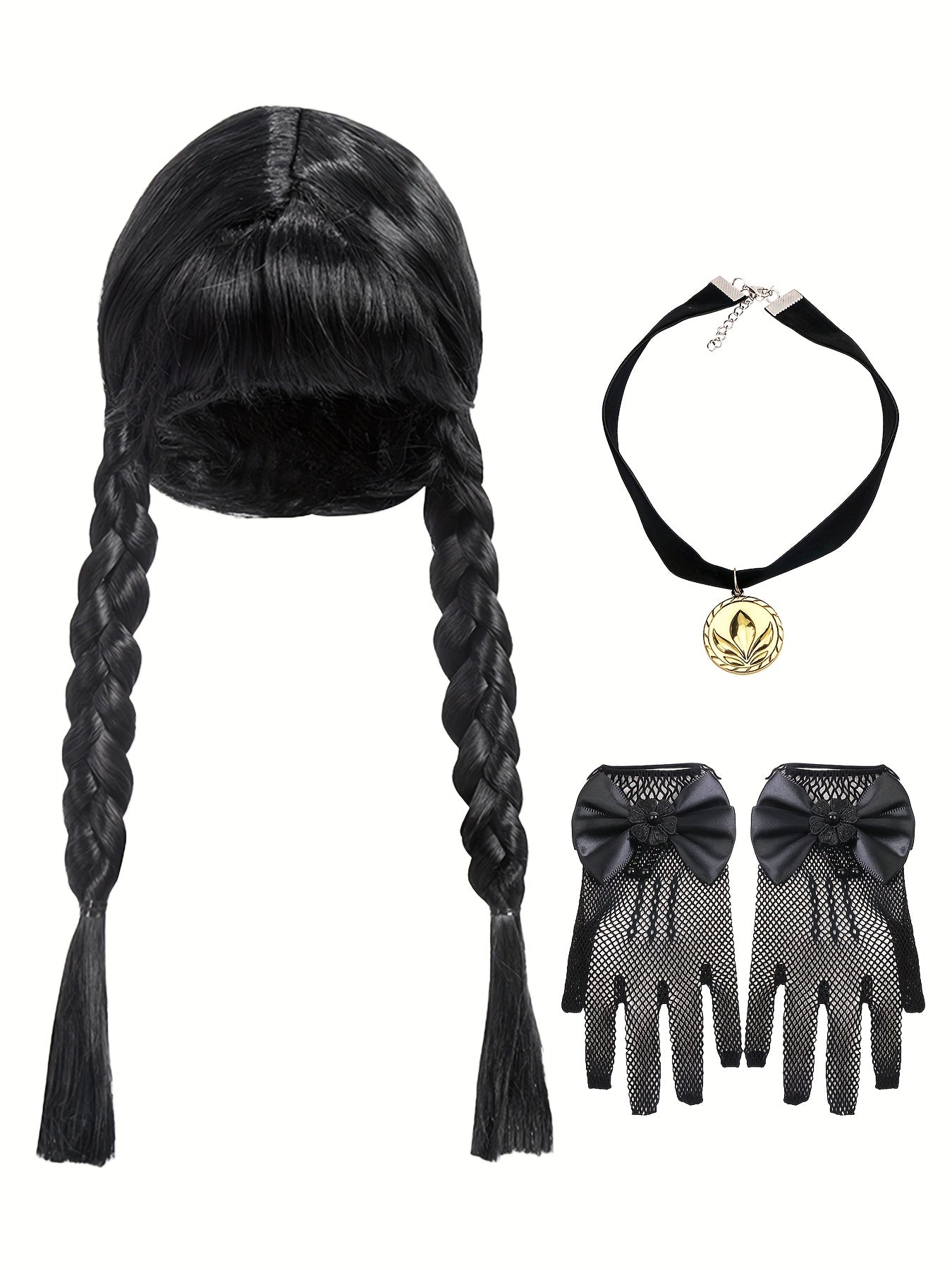 Wednesday Addams Kostüm für Mädchen 3-teilig – Hexenkleid mit Perücke, Halskette & Handschuhen – Halloween Outfit 4–14 Jahre