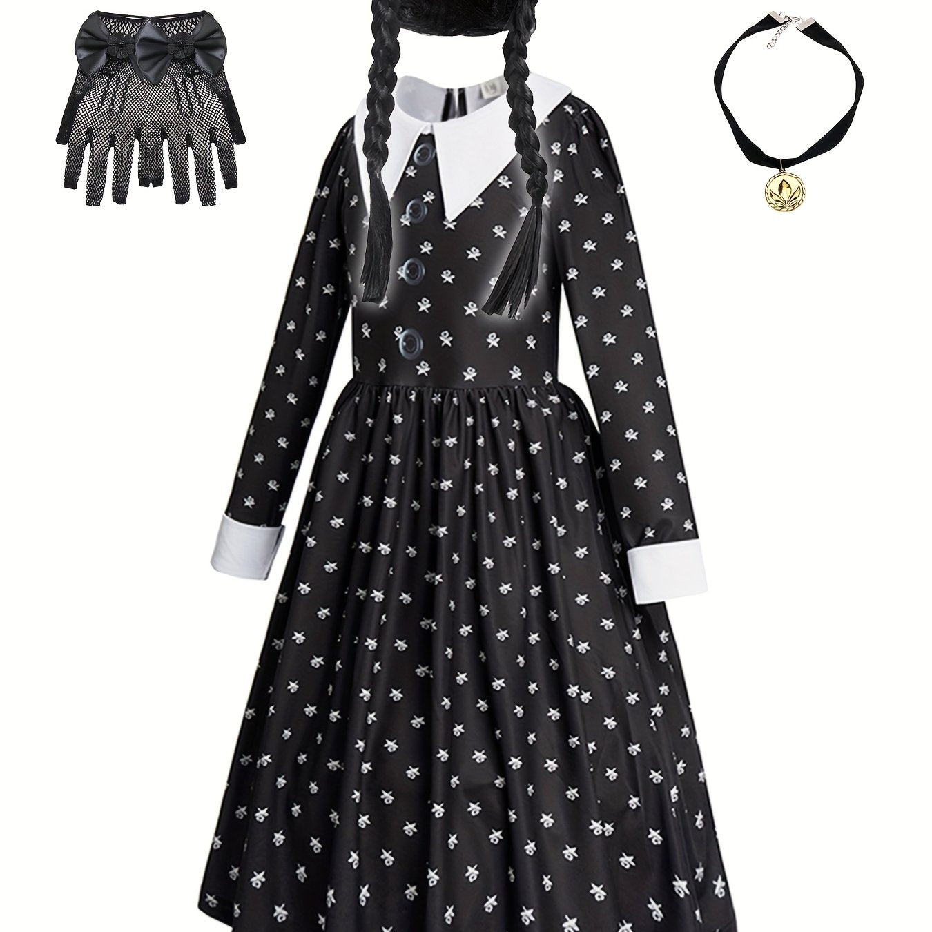 Wednesday Addams Kostüm für Mädchen 3-teilig – Hexenkleid mit Perücke, Halskette & Handschuhen – Halloween Outfit 4–14 Jahre