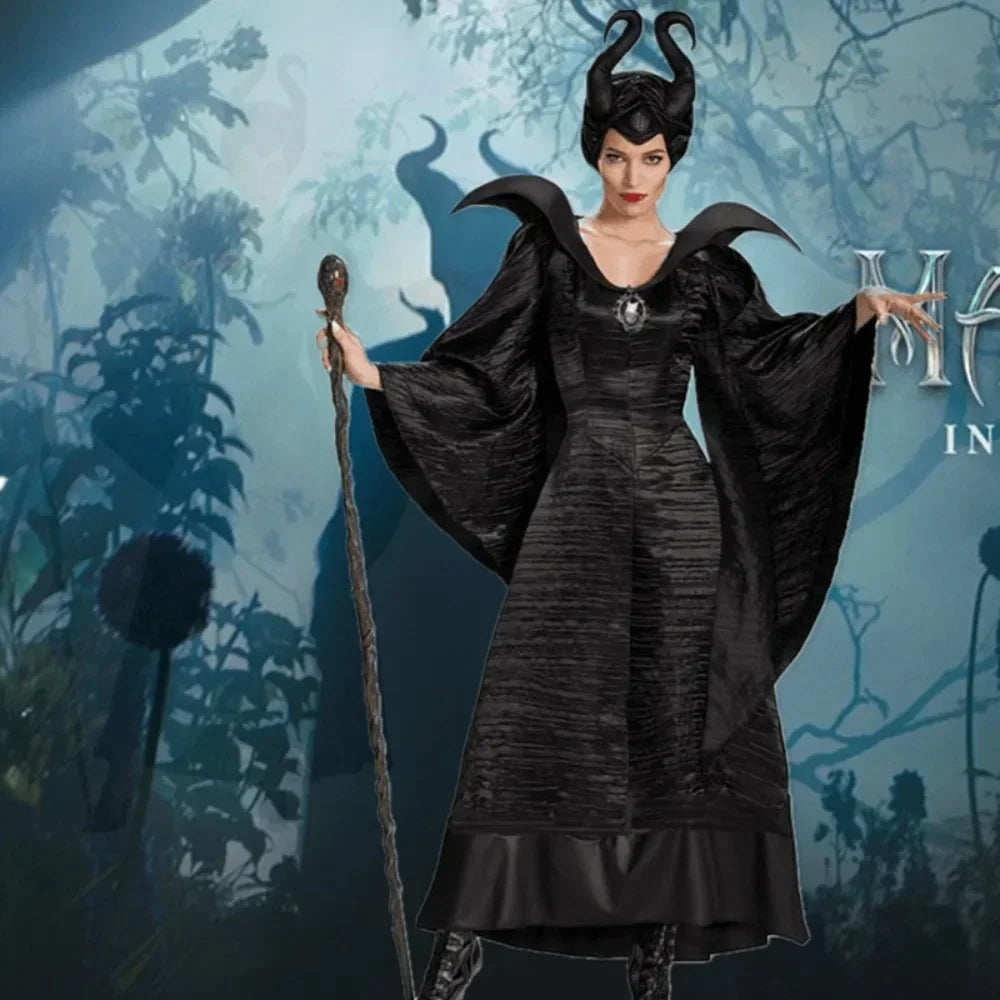 Maleficent Hexenkostüm für Damen – Dunkle Königin Verkleidung mit Kleid & Hörnern für Halloween & Cosplay