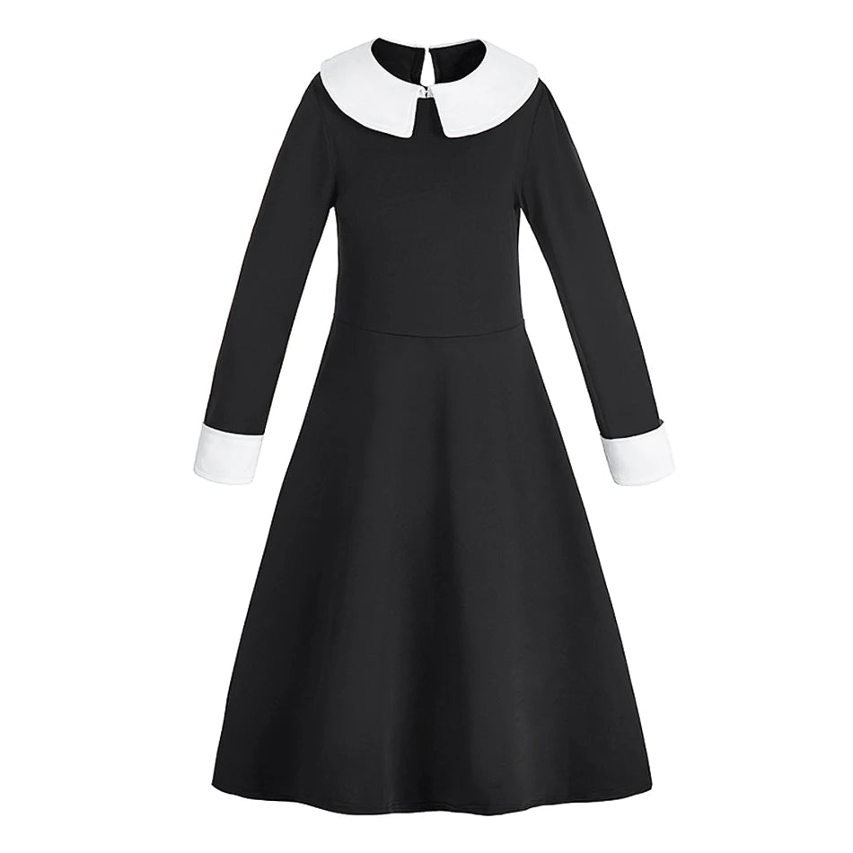 Kinder Halloween Kostüm Mädchen – Gothic Kleid mit Zöpfen & Zubehör | Wednesday Addams Stil | Hexe Cosplay für Party & Karneval