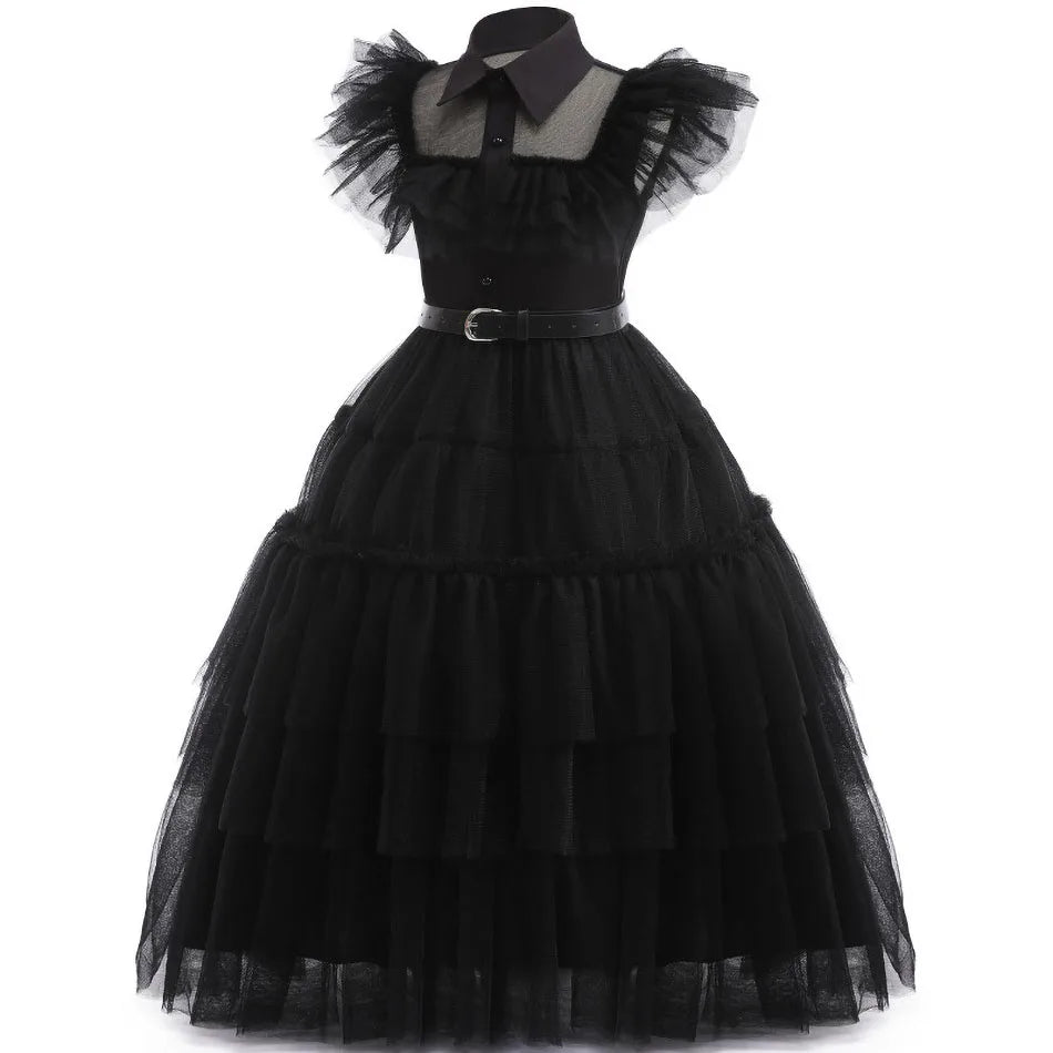 👗 Kinderkostüm Wednesday Addams – Schwarzes Tüllkleid für Mädchen – Halloween, Karneval, Familienfeier, Weihnachten