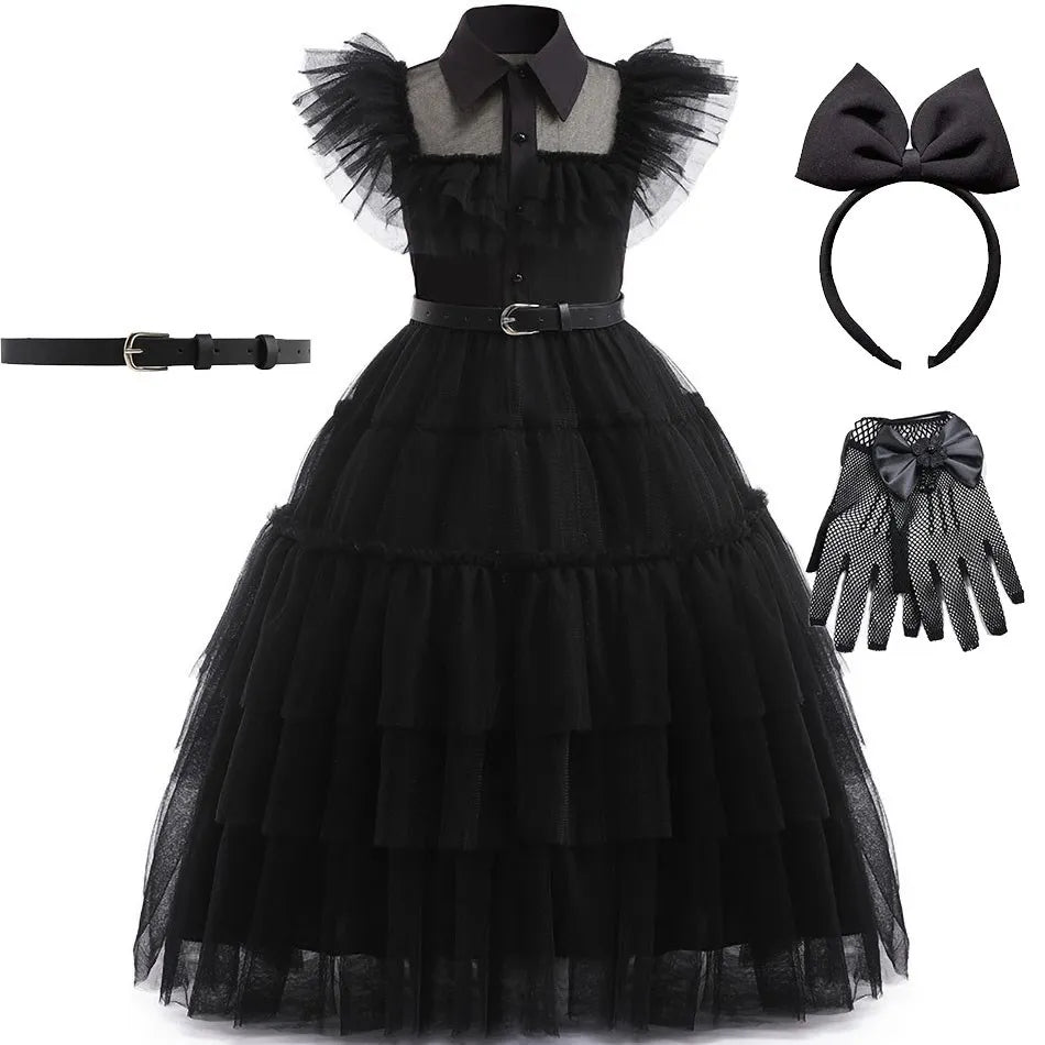 👗 Kinderkostüm Wednesday Addams – Schwarzes Tüllkleid für Mädchen – Halloween, Karneval, Familienfeier, Weihnachten