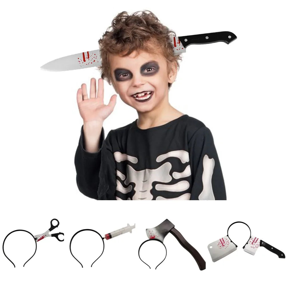 Halloween Horror Haarreifen – Blutflecken Fake Axt & Schere Stirnband – Gruselige Requisite für Kostümparty & Cosplay