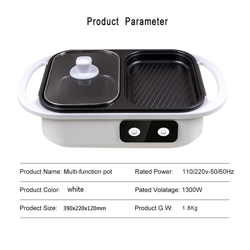 2-in-1 Antihaft-Shabu-Topf und Grillplatte, Multikocher, Grill-Shabu-Shabu-Topf mit Grill, Steaks, Ramen und Nudeln, elektrischer Kochtopf