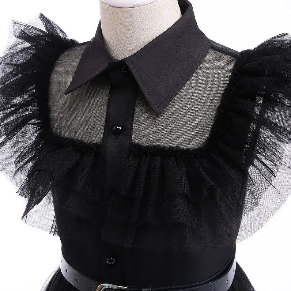 👗 Kinderkostüm Wednesday Addams – Schwarzes Tüllkleid für Mädchen – Halloween, Karneval, Familienfeier, Weihnachten