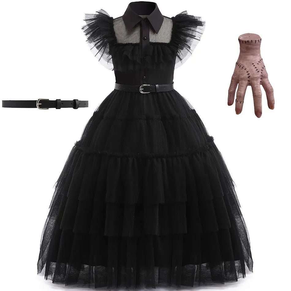 👗 Kinderkostüm Wednesday Addams – Schwarzes Tüllkleid für Mädchen – Halloween, Karneval, Familienfeier, Weihnachten