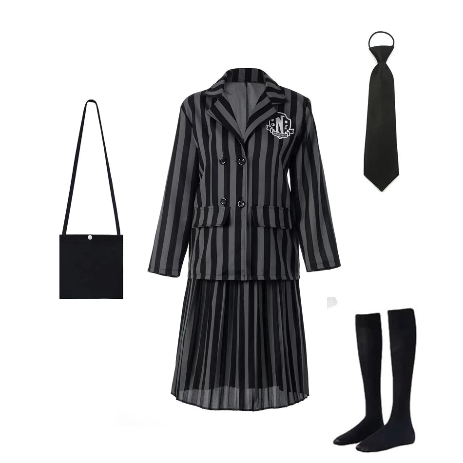 Wednesday Addams Kinderkostüm – Schwarzes gestreiftes Schuluniform Kleid mit Zubehör – Cosplay Outfit für Halloween & Motto-Partys