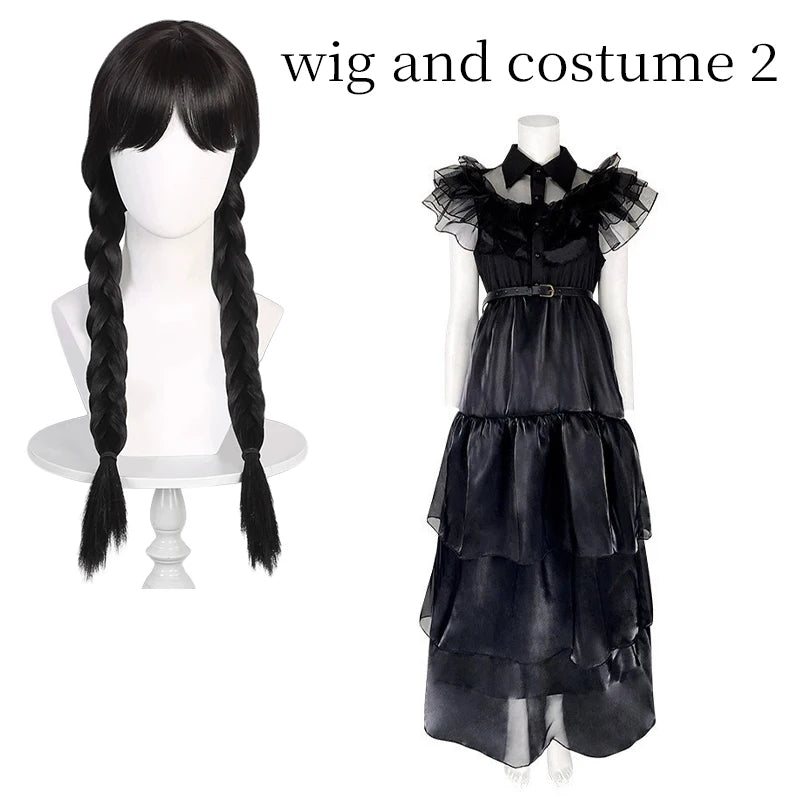 Wednesday Addams Damenkostüm – Schwarzes Cosplay Kleid mit Kragen & Zöpfen – Halloween Verkleidung inspiriert vom Film