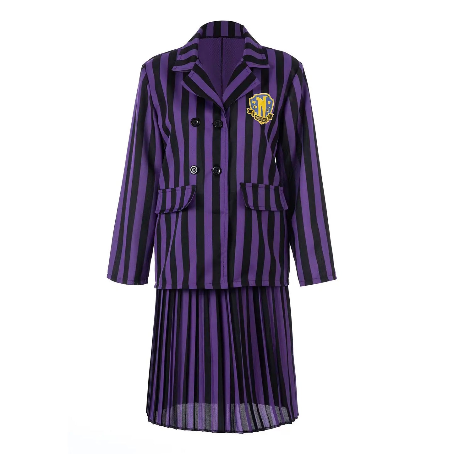 Wednesday Addams Kinderkostüm – Schwarzes gestreiftes Schuluniform Kleid mit Zubehör – Cosplay Outfit für Halloween & Motto-Partys