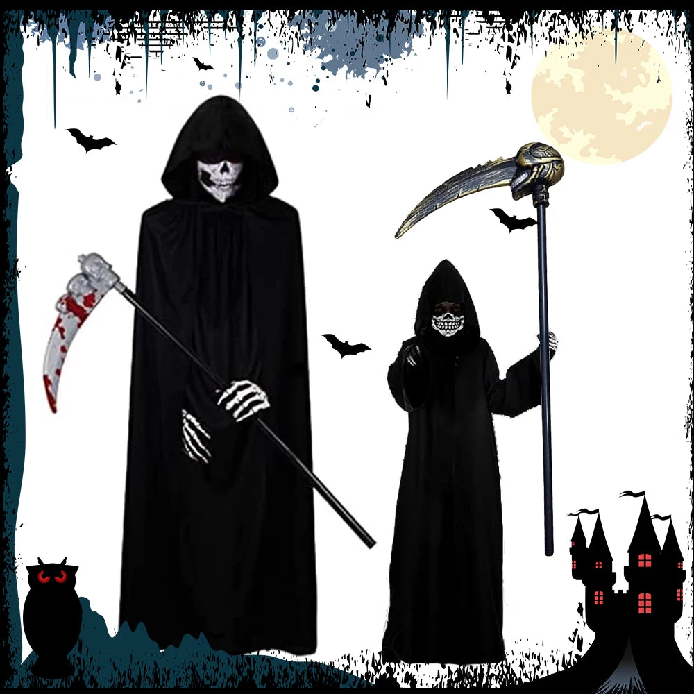 Grim Reaper Halloween Kostüm mit Kapuze, Totenkopf-Maske, Handschuhen & Sense – Unisex Verkleidung für Kinder & Erwachsene