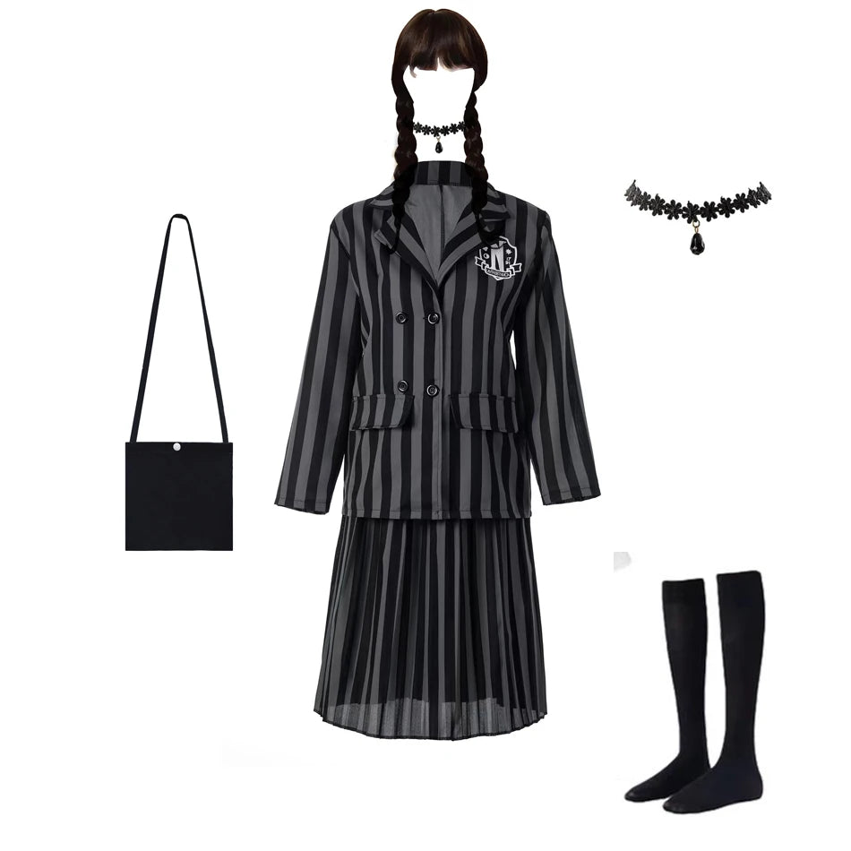 Wednesday Addams Kinderkostüm – Schwarzes gestreiftes Schuluniform Kleid mit Zubehör – Cosplay Outfit für Halloween & Motto-Partys