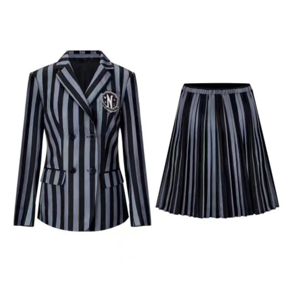 Wednesday Addams Kinderkostüm – Schwarzes gestreiftes Schuluniform Kleid mit Zubehör – Cosplay Outfit für Halloween & Motto-Partys