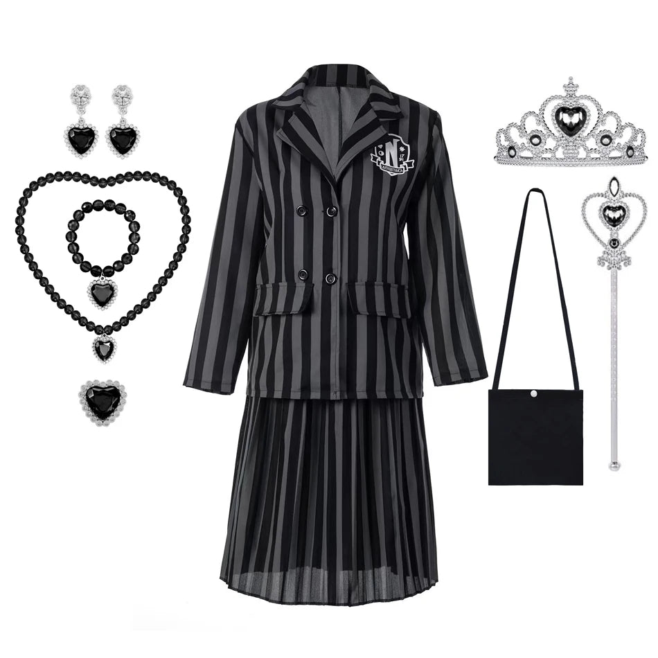 Wednesday Addams Kinderkostüm – Schwarzes gestreiftes Schuluniform Kleid mit Zubehör – Cosplay Outfit für Halloween & Motto-Partys