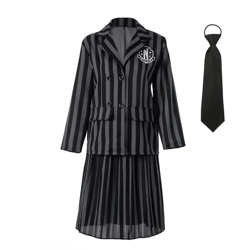 Wednesday Addams Kinderkostüm – Schwarzes gestreiftes Schuluniform Kleid mit Zubehör – Cosplay Outfit für Halloween & Motto-Partys