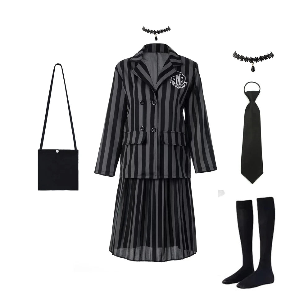 Wednesday Addams Kinderkostüm – Schwarzes gestreiftes Schuluniform Kleid mit Zubehör – Cosplay Outfit für Halloween & Motto-Partys