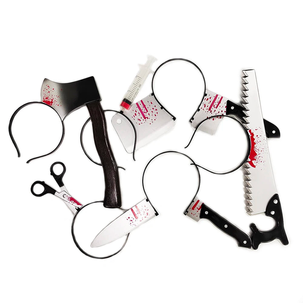 Halloween Horror Haarreifen – Blutflecken Fake Axt & Schere Stirnband – Gruselige Requisite für Kostümparty & Cosplay