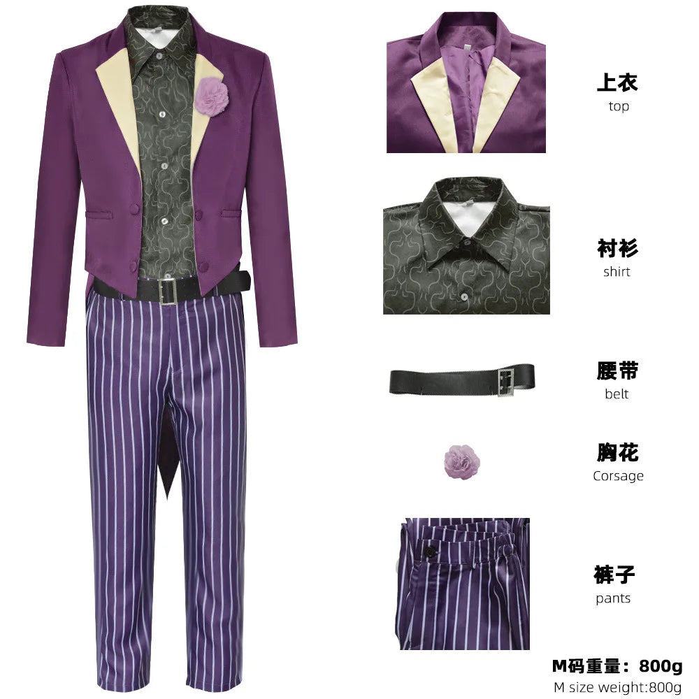 Anime der Joker Mortal Kombat 11 Cosplay Kostüm Purpel Anzug Set Streifen Hose Gürtel Halloween Karneval Kostüme für erwachsene Männer