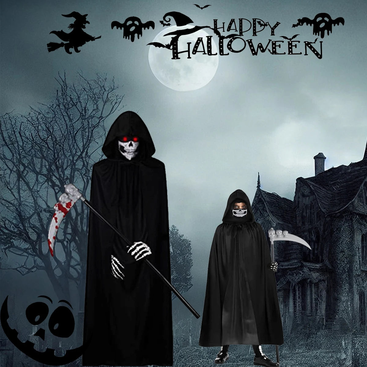 Grim Reaper Halloween Kostüm mit Kapuze, Totenkopf-Maske, Handschuhen & Sense – Unisex Verkleidung für Kinder & Erwachsene