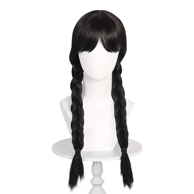 Wednesday Addams Damenkostüm – Schwarzes Cosplay Kleid mit Kragen & Zöpfen – Halloween Verkleidung inspiriert vom Film