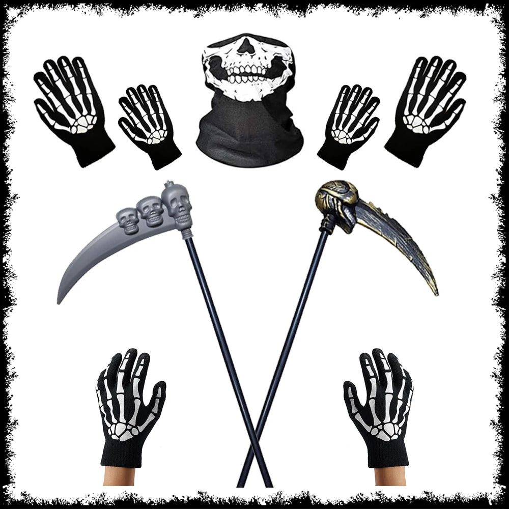 Grim Reaper Halloween Kostüm mit Kapuze, Totenkopf-Maske, Handschuhen & Sense – Unisex Verkleidung für Kinder & Erwachsene