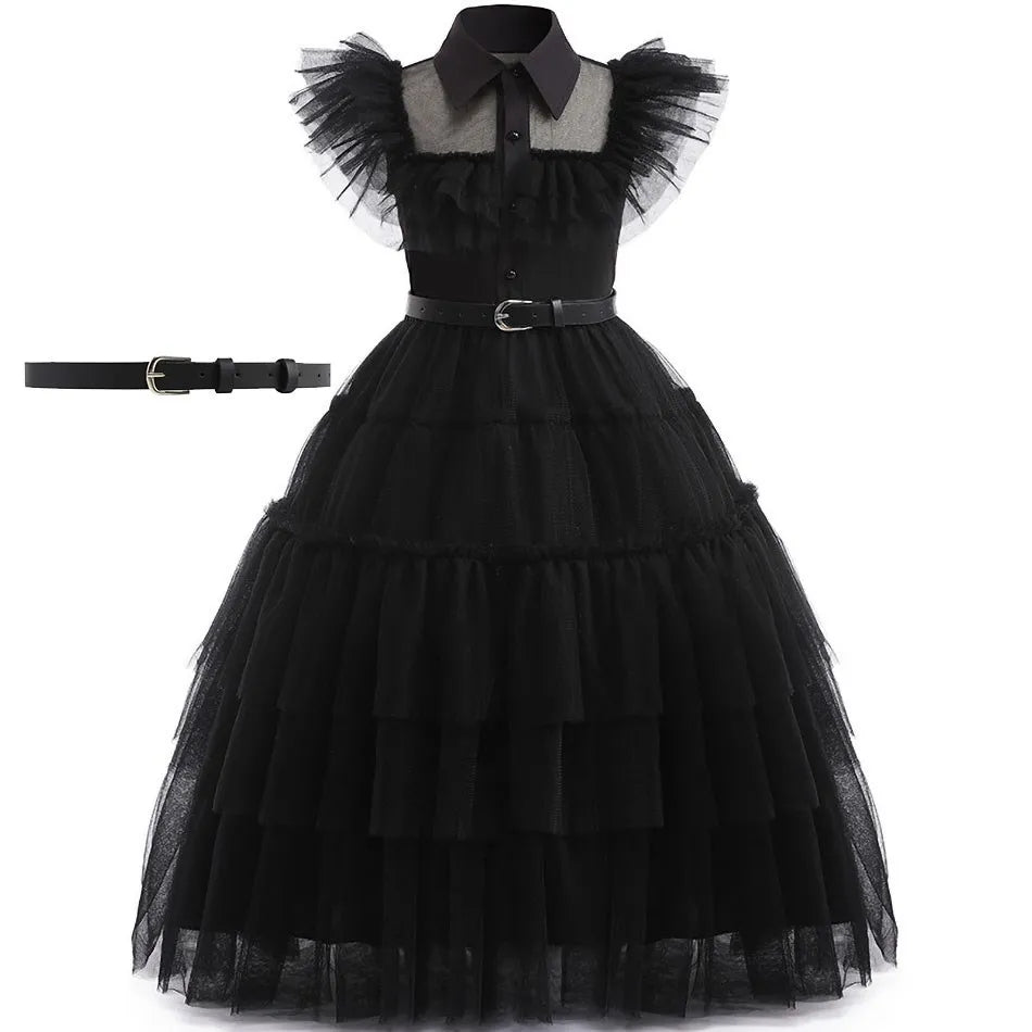 👗 Kinderkostüm Wednesday Addams – Schwarzes Tüllkleid für Mädchen – Halloween, Karneval, Familienfeier, Weihnachten