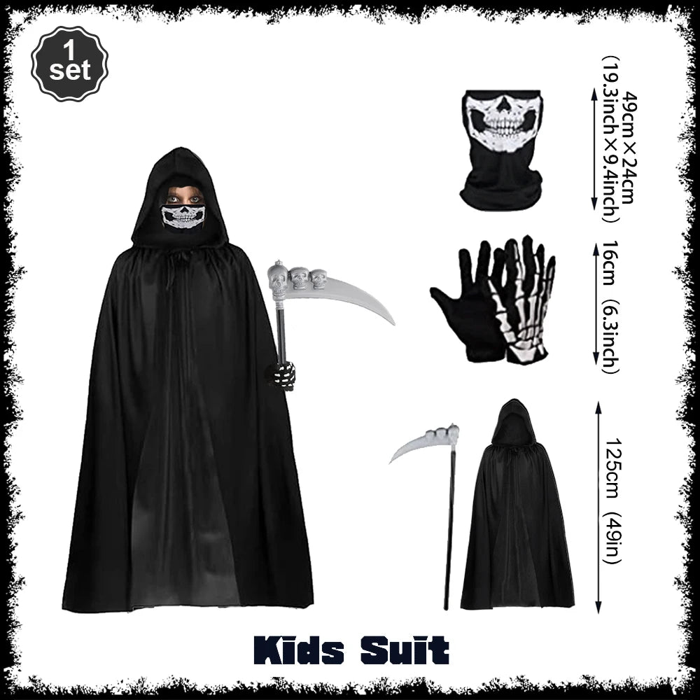 Grim Reaper Halloween Kostüm mit Kapuze, Totenkopf-Maske, Handschuhen & Sense – Unisex Verkleidung für Kinder & Erwachsene