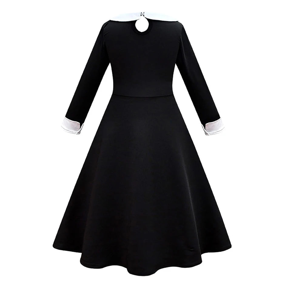 Kinder Halloween Kostüm Mädchen – Gothic Kleid mit Zöpfen & Zubehör | Wednesday Addams Stil | Hexe Cosplay für Party & Karneval