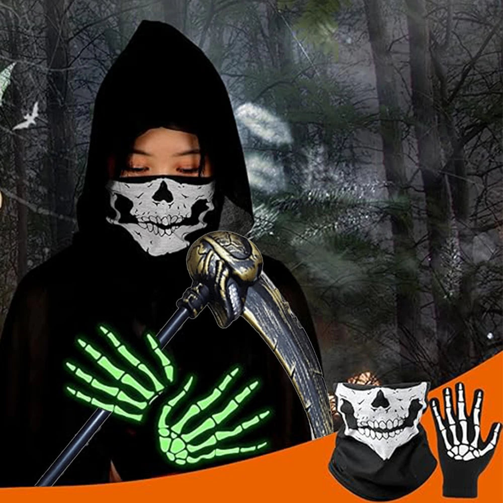 Grim Reaper Halloween Kostüm mit Kapuze, Totenkopf-Maske, Handschuhen & Sense – Unisex Verkleidung für Kinder & Erwachsene