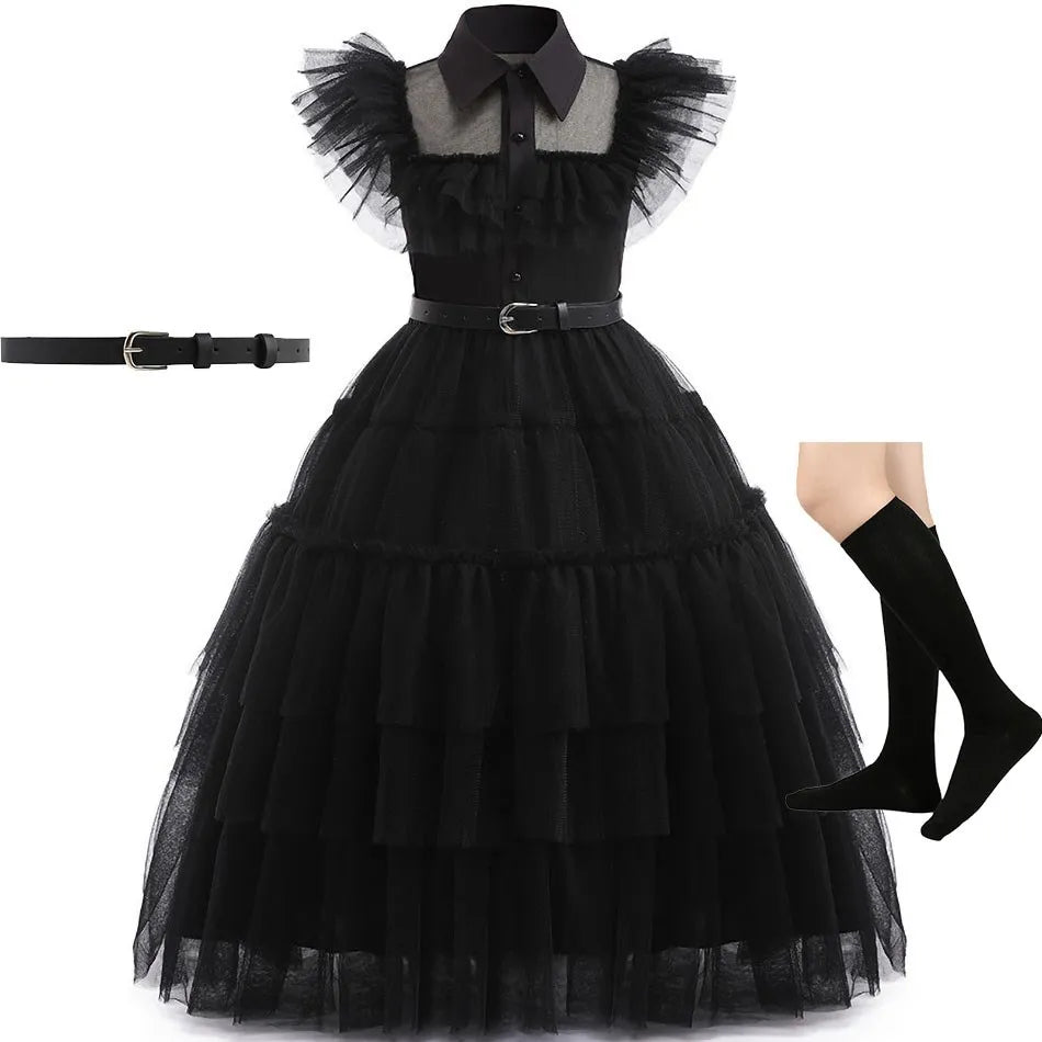 👗 Kinderkostüm Wednesday Addams – Schwarzes Tüllkleid für Mädchen – Halloween, Karneval, Familienfeier, Weihnachten