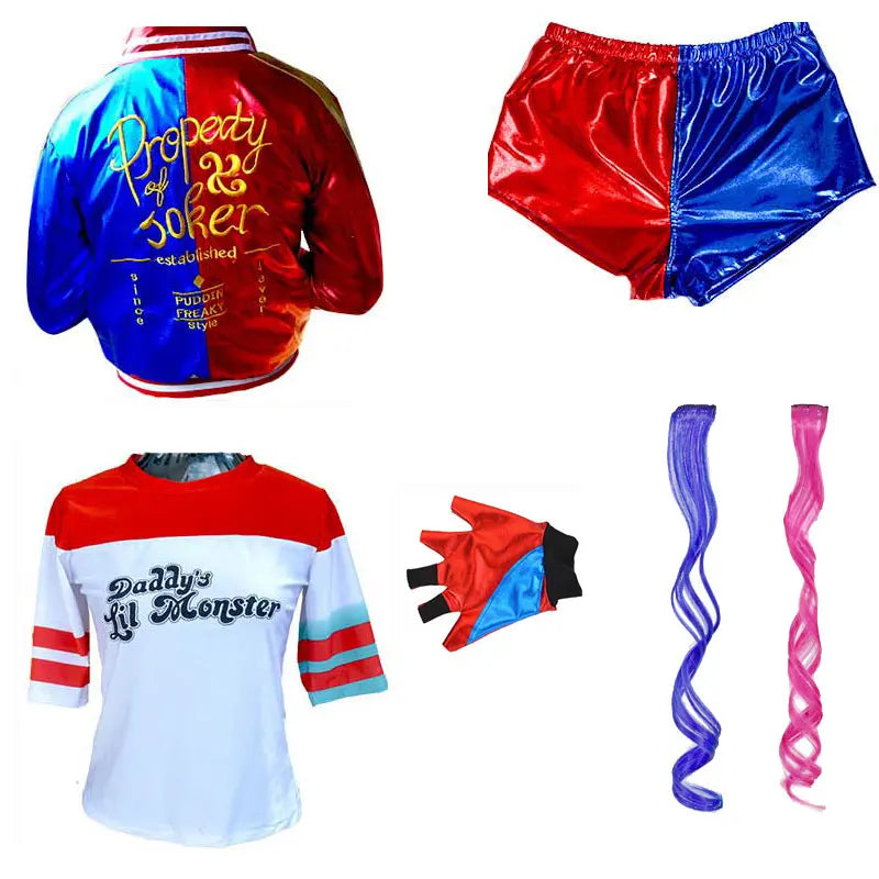 Harley Quinn Kostüm für Kinder & Damen – Cosplay Set mit Jacke, Shorts, Shirt & Zubehör – Halloween & Karneval