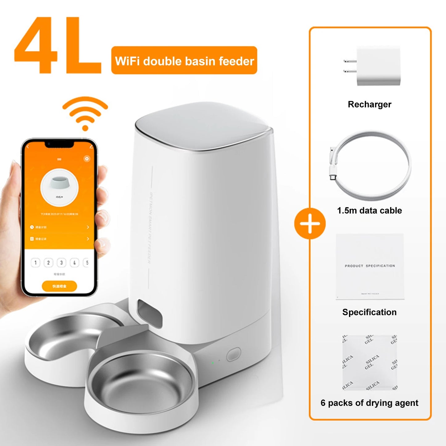 4L Double Bowl Pet Feeder WiFi Smart Timing Large Capacity Dry Food Feeder for Cats Dogs Remote Control Automatic Food Dispenser