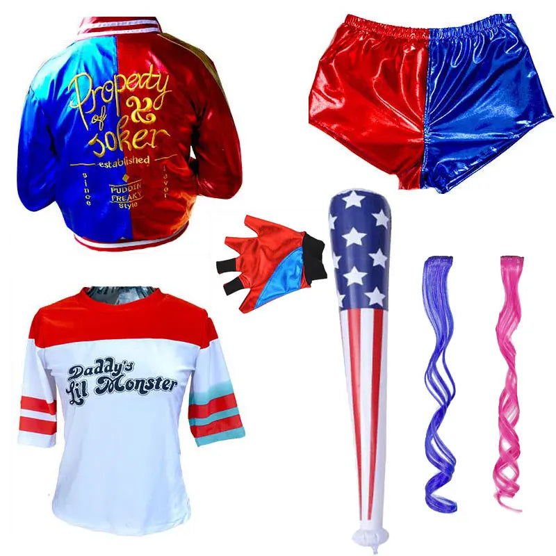 Harley Quinn Kostüm für Kinder & Damen – Cosplay Set mit Jacke, Shorts, Shirt & Zubehör – Halloween & Karneval