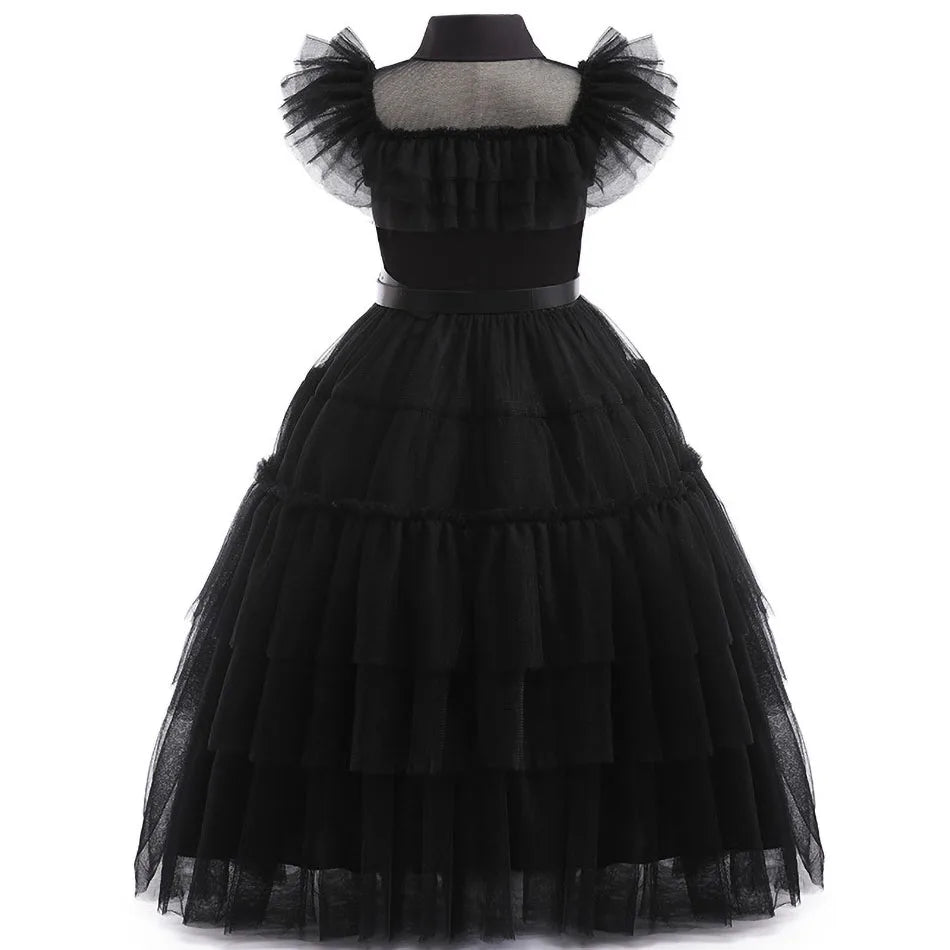 👗 Kinderkostüm Wednesday Addams – Schwarzes Tüllkleid für Mädchen – Halloween, Karneval, Familienfeier, Weihnachten