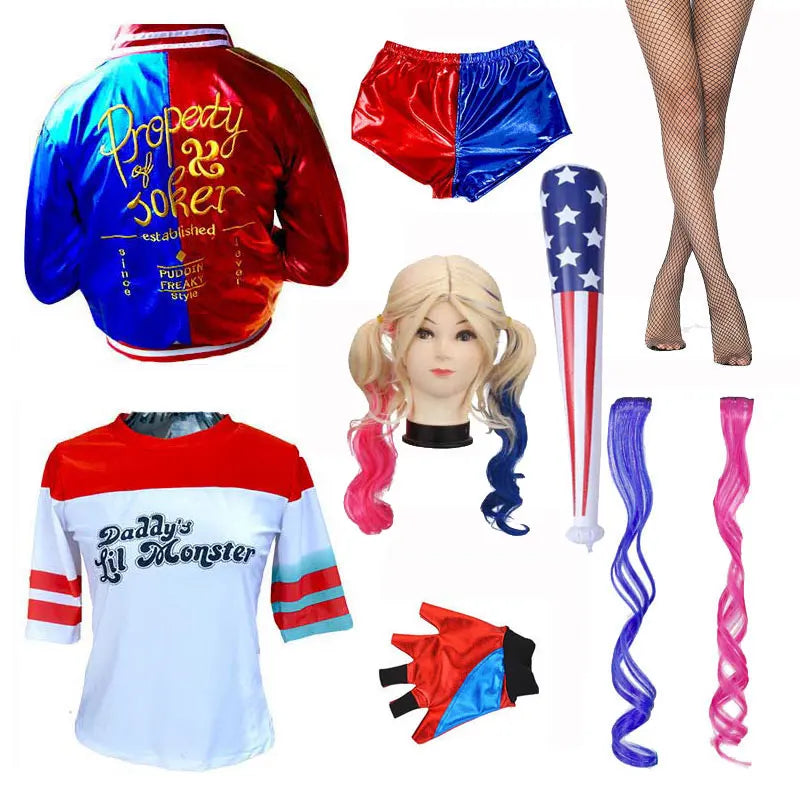 Harley Quinn Kostüm für Kinder & Damen – Cosplay Set mit Jacke, Shorts, Shirt & Zubehör – Halloween & Karneval