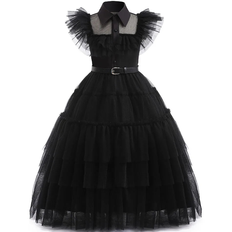 👗 Kinderkostüm Wednesday Addams – Schwarzes Tüllkleid für Mädchen – Halloween, Karneval, Familienfeier, Weihnachten