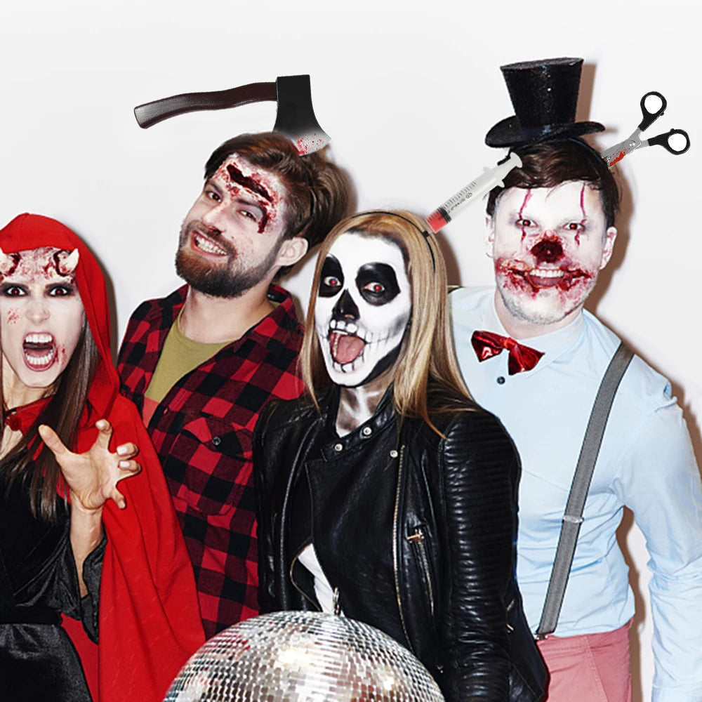 Halloween Horror Haarreifen – Blutflecken Fake Axt & Schere Stirnband – Gruselige Requisite für Kostümparty & Cosplay