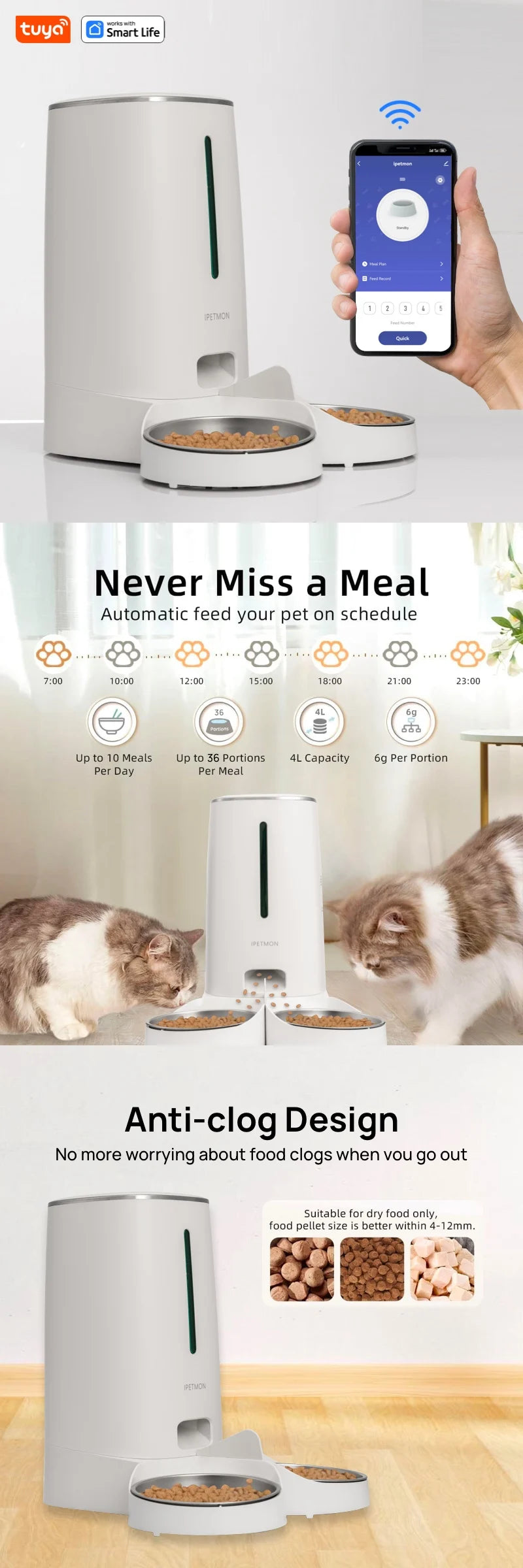 Automatische WLAN-Katzenfutterspender für 2 Katzen, 4-Liter-Katzenfutterspender mit APP-Steuerung, doppelte Edelstahlschüsseln, Alarme für niedrige Lebensmittel