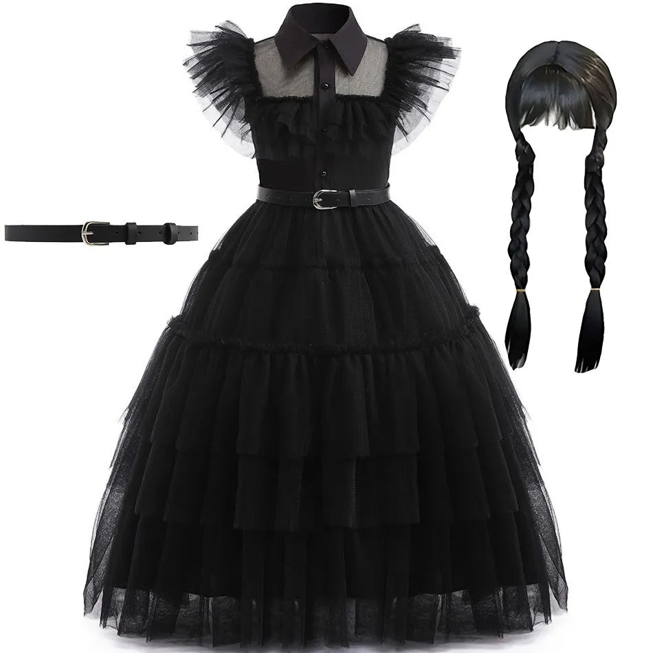 👗 Kinderkostüm Wednesday Addams – Schwarzes Tüllkleid für Mädchen – Halloween, Karneval, Familienfeier, Weihnachten