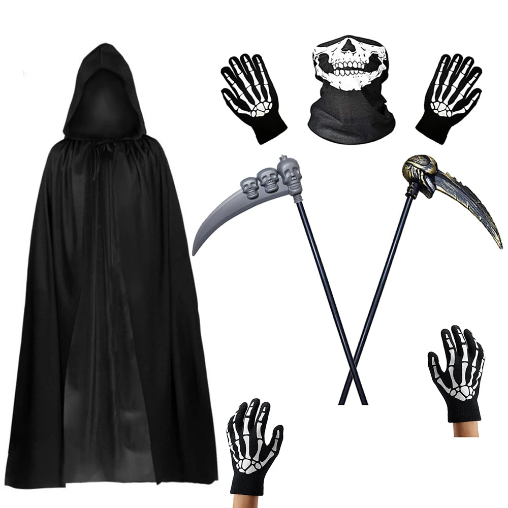 Grim Reaper Halloween Kostüm mit Kapuze, Totenkopf-Maske, Handschuhen & Sense – Unisex Verkleidung für Kinder & Erwachsene