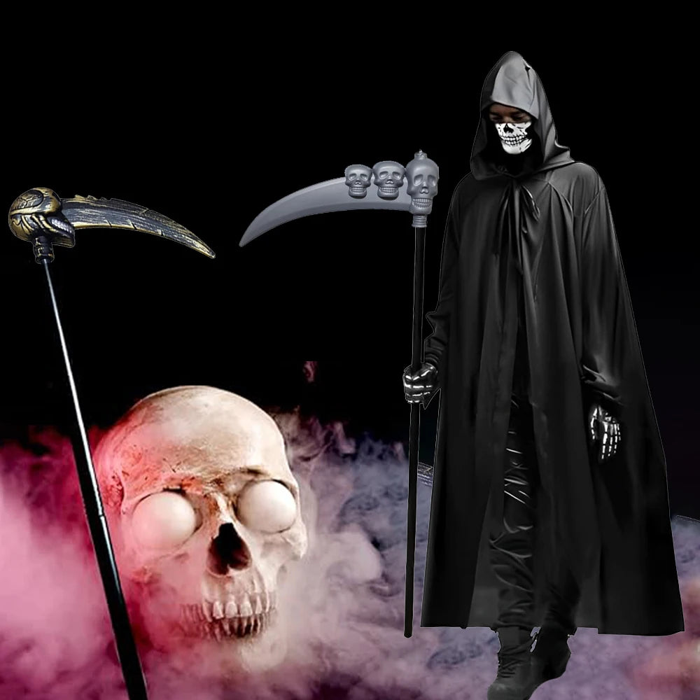 Grim Reaper Halloween Kostüm mit Kapuze, Totenkopf-Maske, Handschuhen & Sense – Unisex Verkleidung für Kinder & Erwachsene