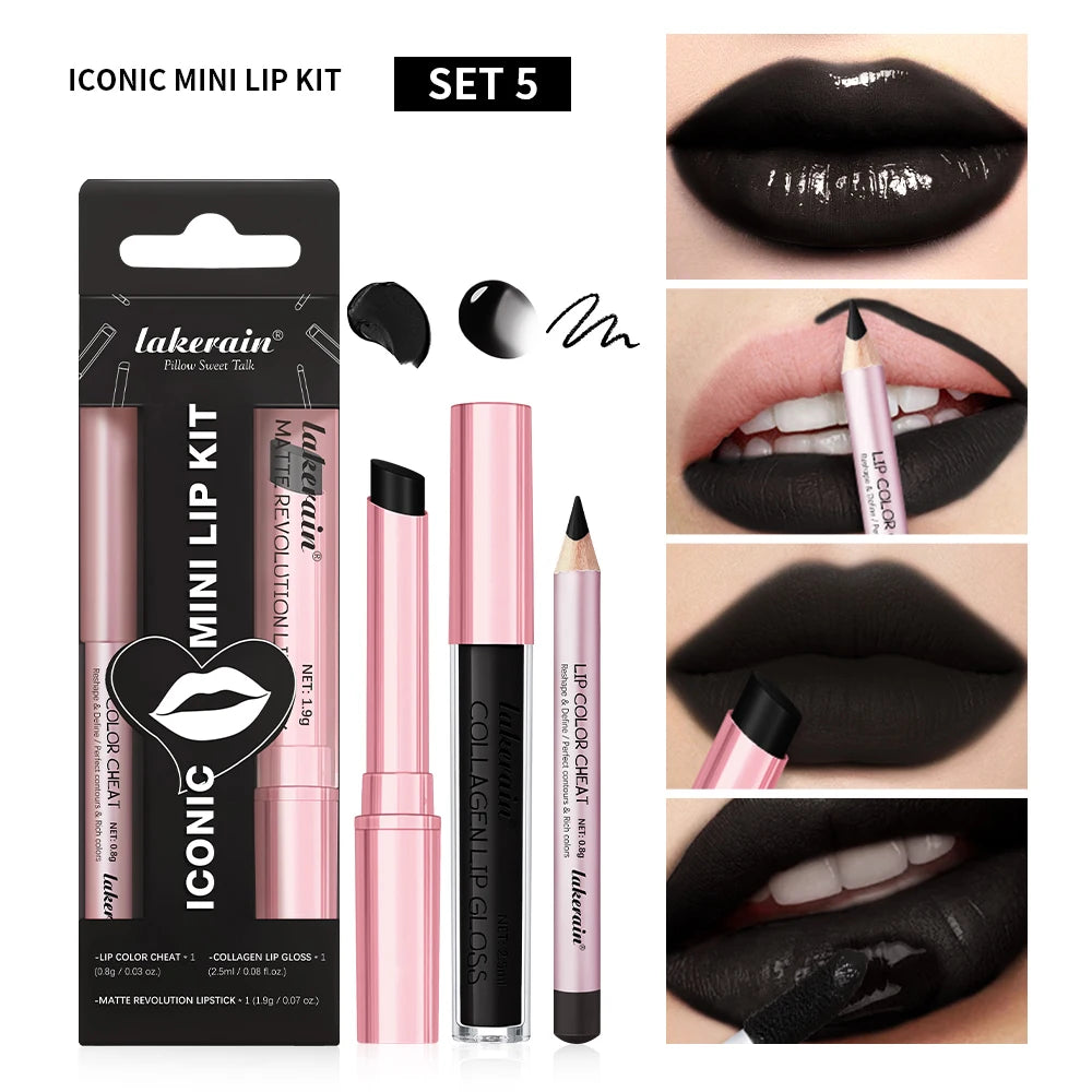Wasserdichtes, langlebiges, mattschwarzes Lippenstift-Set, samtiger flüssiger Lipgloss, Lipliner-Set, roter Fleck, Halloween-Gothic-Make-up