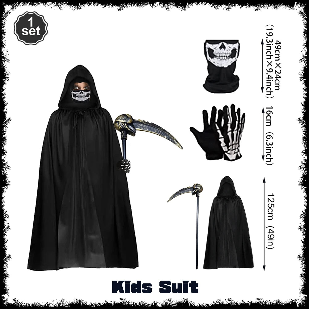 Grim Reaper Halloween Kostüm mit Kapuze, Totenkopf-Maske, Handschuhen & Sense – Unisex Verkleidung für Kinder & Erwachsene