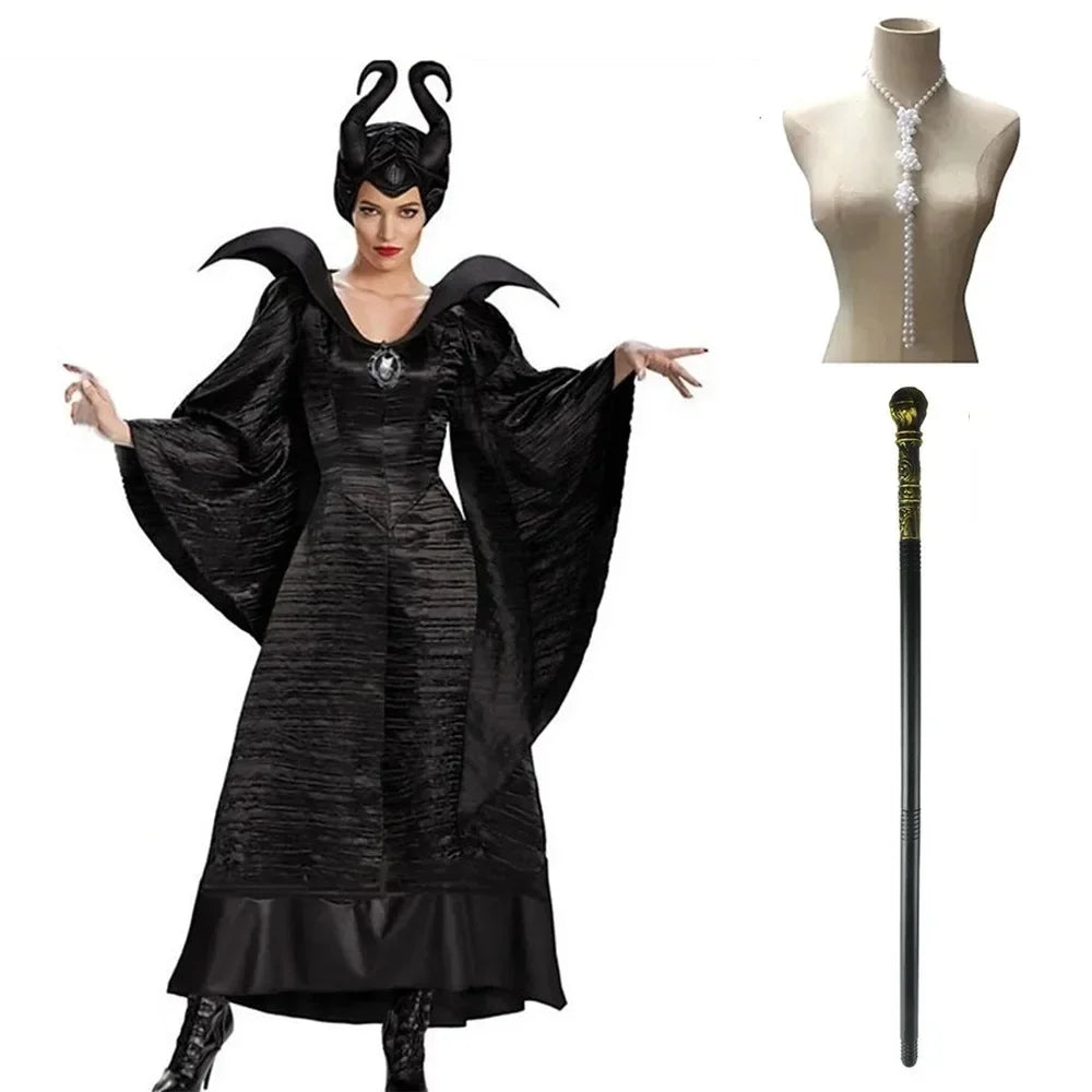 Maleficent Hexenkostüm für Damen – Dunkle Königin Verkleidung mit Kleid & Hörnern für Halloween & Cosplay