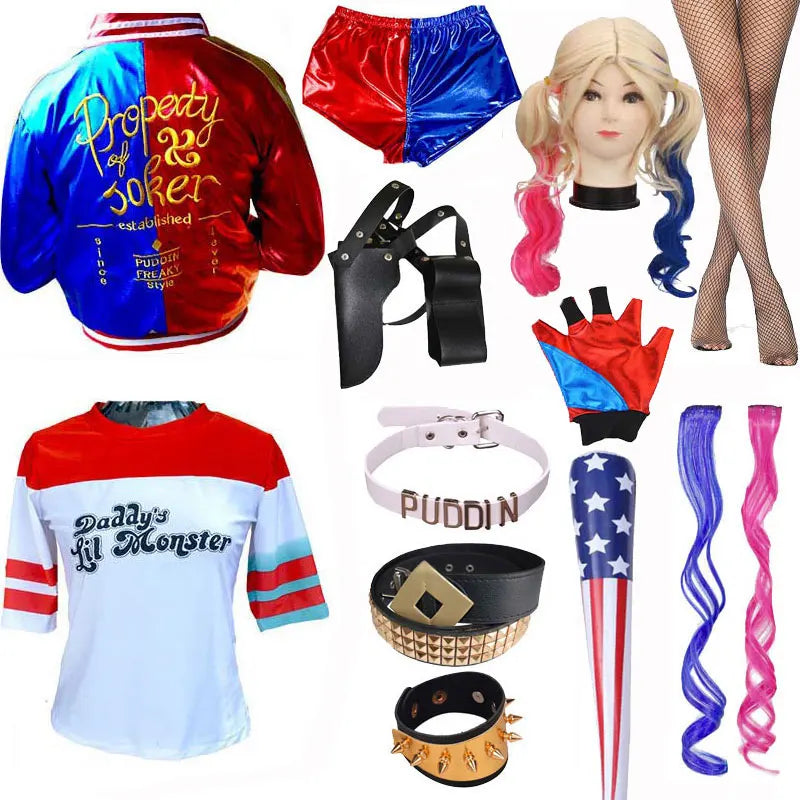 Harley Quinn Kostüm für Kinder & Damen – Cosplay Set mit Jacke, Shorts, Shirt & Zubehör – Halloween & Karneval