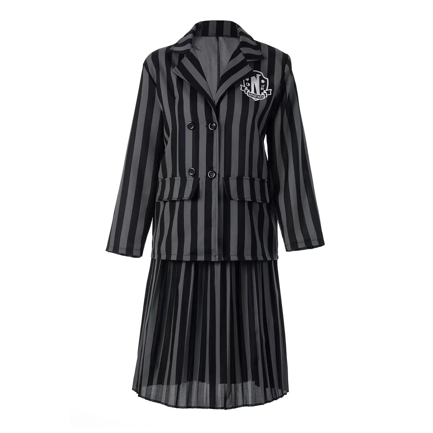 Wednesday Addams Kinderkostüm – Schwarzes gestreiftes Schuluniform Kleid mit Zubehör – Cosplay Outfit für Halloween & Motto-Partys