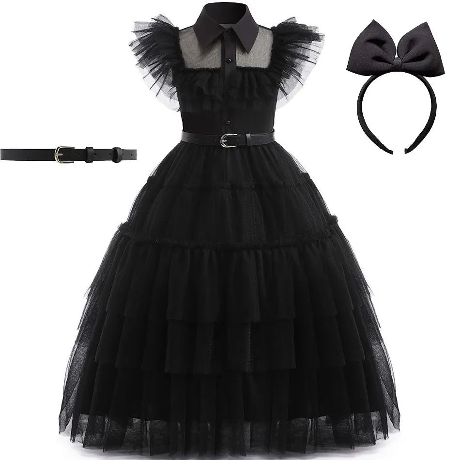 👗 Kinderkostüm Wednesday Addams – Schwarzes Tüllkleid für Mädchen – Halloween, Karneval, Familienfeier, Weihnachten