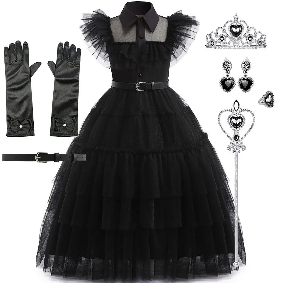 👗 Kinderkostüm Wednesday Addams – Schwarzes Tüllkleid für Mädchen – Halloween, Karneval, Familienfeier, Weihnachten