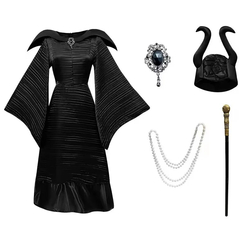 Maleficent Hexenkostüm für Damen – Dunkle Königin Verkleidung mit Kleid & Hörnern für Halloween & Cosplay