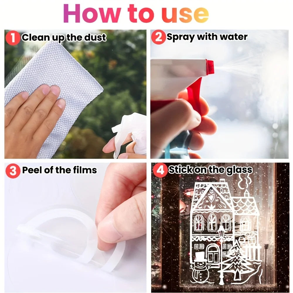 Weihnachts Schneehaus Fensteraufkleber – 4er Set | Selbstklebende Schneeflocken & Winter-Deko für Fenster, Wohnzimmer & Geschäfte